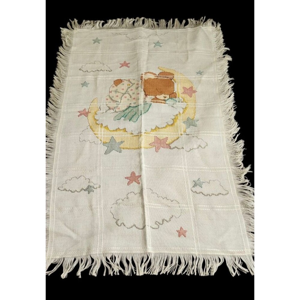 VTG Candamar Designs Finished Baby‎ Afghan Cross Stitch Sleepy Teddy Bear Signed
